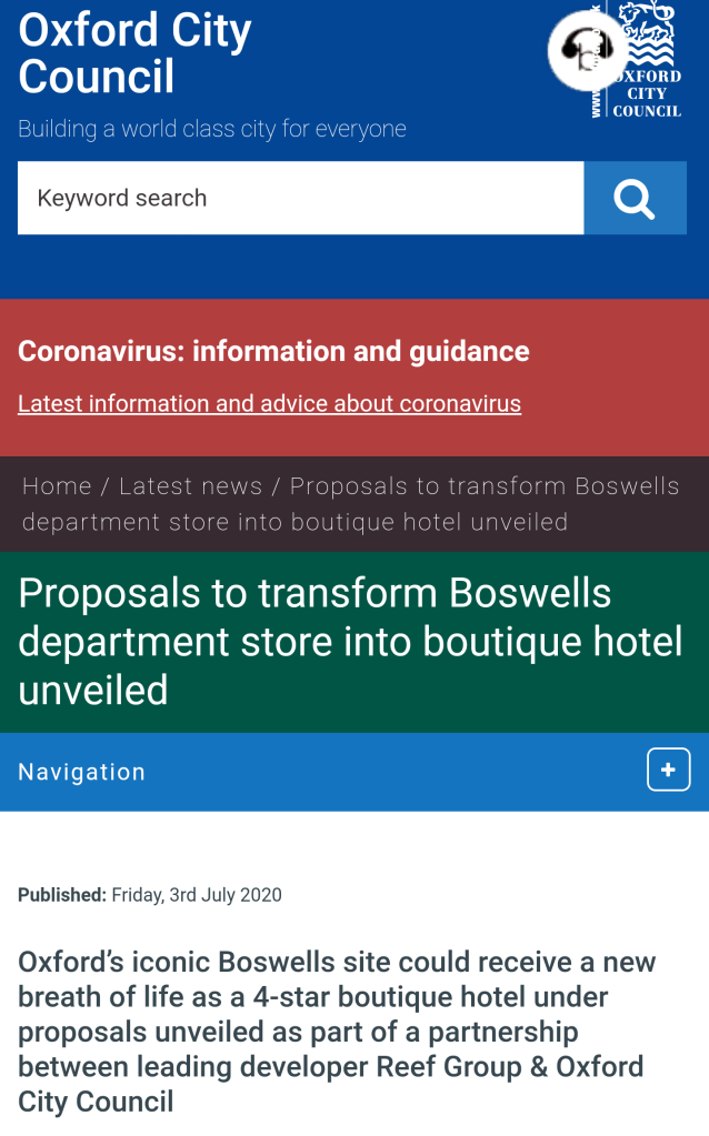 Oxford council website announcement