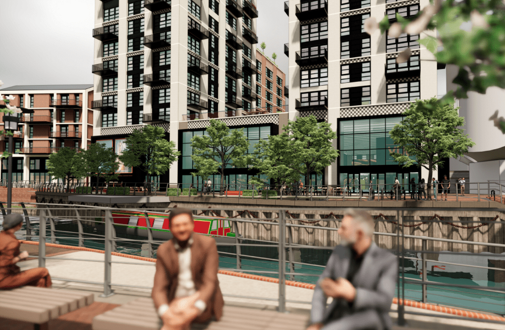 Rebuilt cinema viewed from across the river