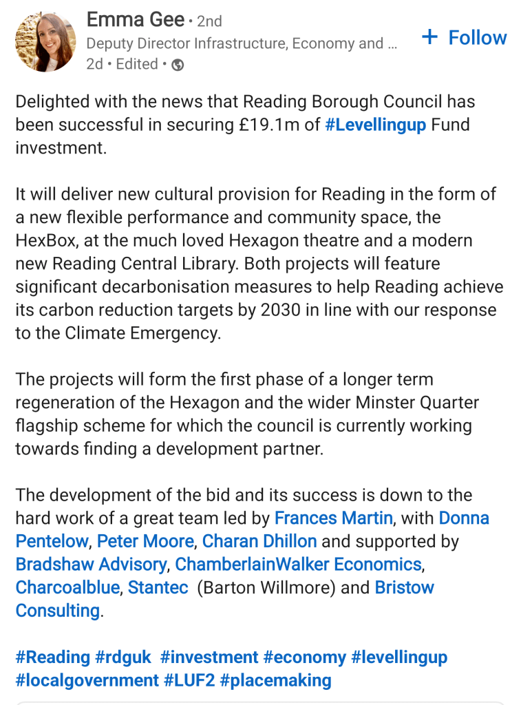 Linked In post crediting those involved with levelling up bid