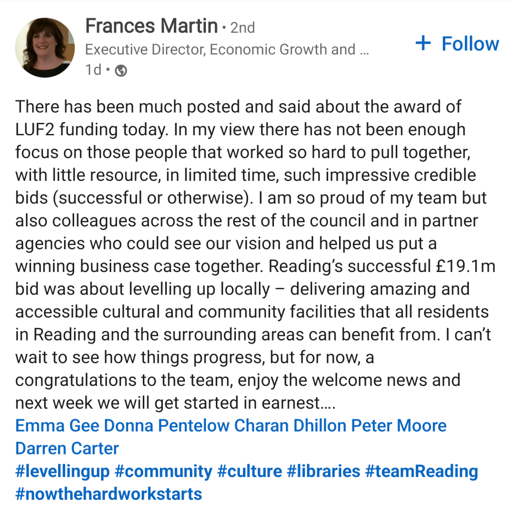 Linked in post around levelling up bid