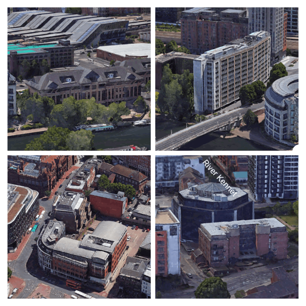Grid of four aerial photos of sites listed for redevelopment