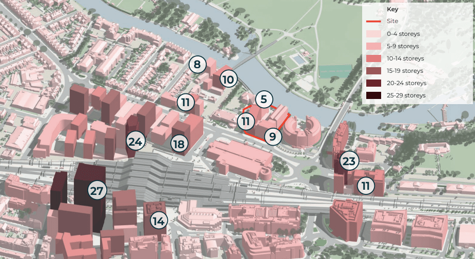 Heights of various plans around the station