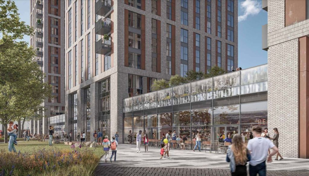 Close up CGI of tower lower floors