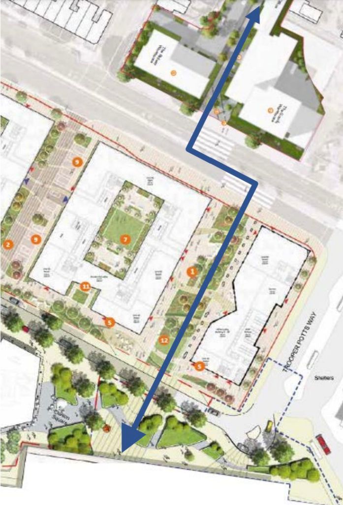 Vastern Court landscape diagram with route to river highlighted