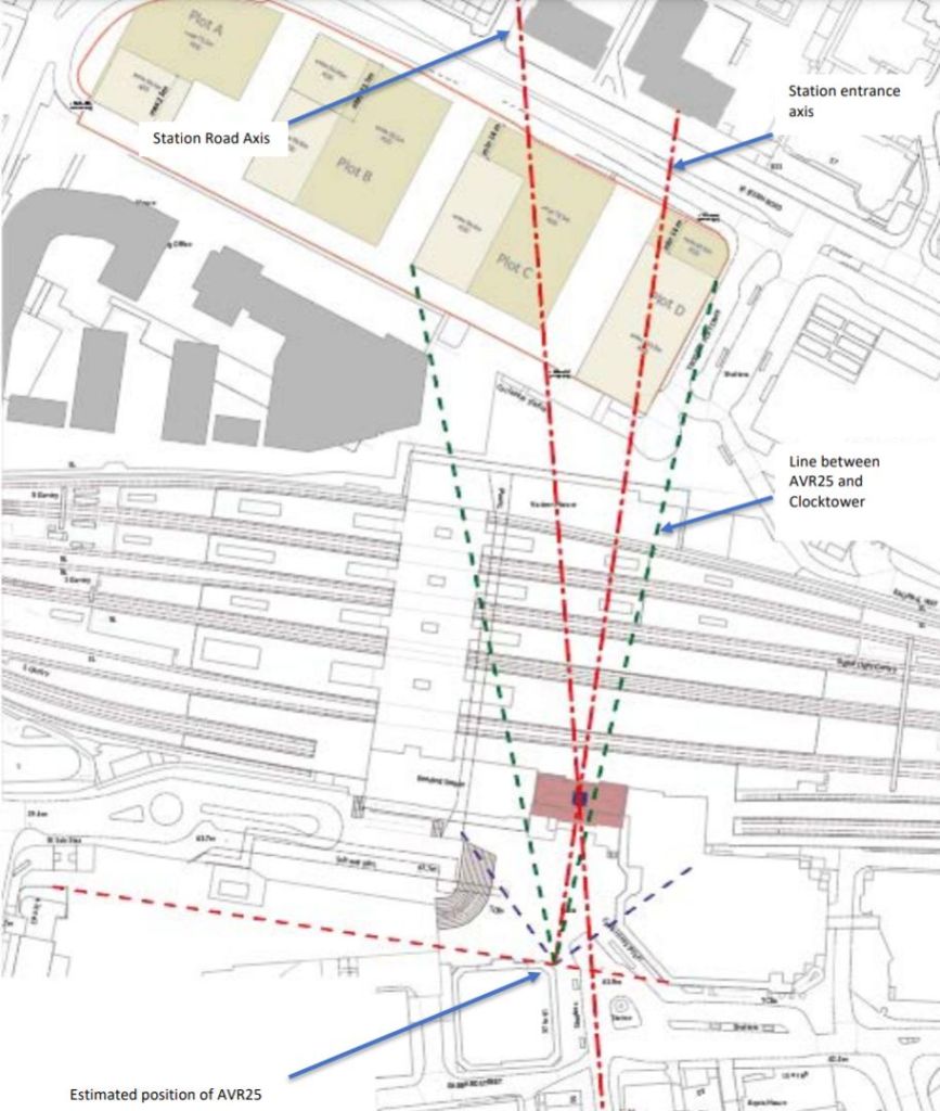 Line of sight diagram between Station clock and Vastern Court