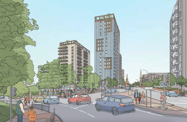 Concept sketch of Sapphire Plaza viewed from the former Pru offices