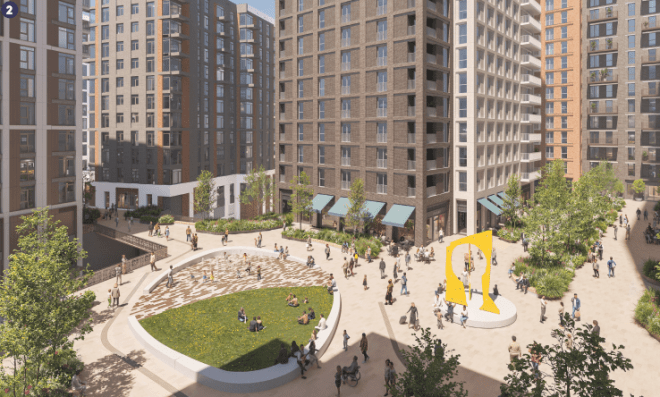 A view of the central square at Station Hill with the new residential buildings behind