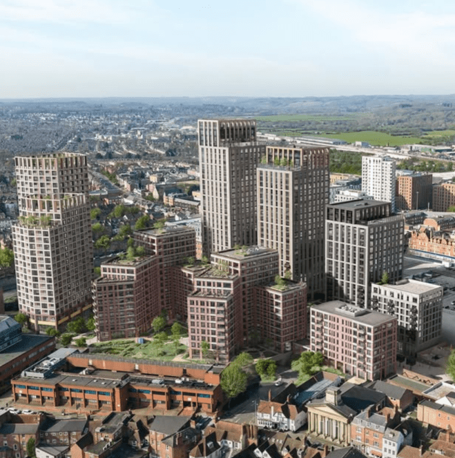Aerial view of proposed Minster Quarter and Broad Street Mall residential towers